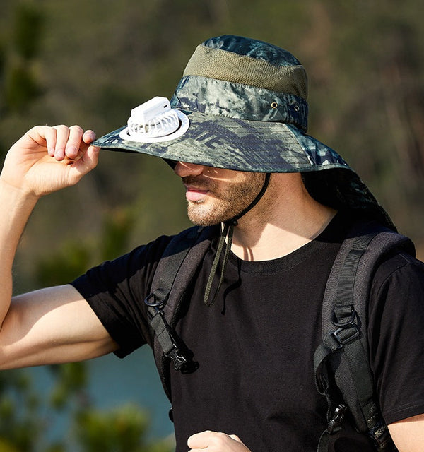 USB Charging Powered Fishing Fan Hat UPF 50+ Wide Brim Fisherman Hat with Adjustable Fan Outdoor Sun Protection Cap